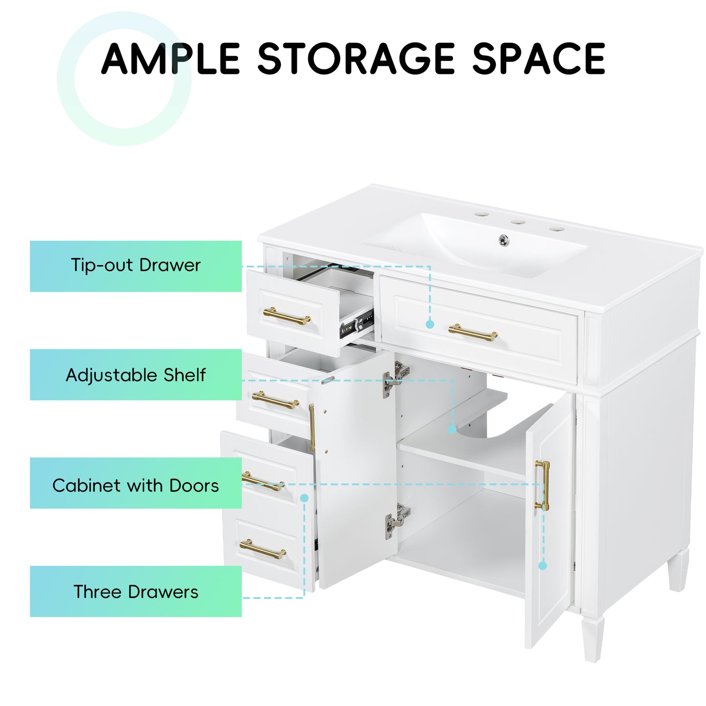 VanityFus 36-in Bathroom Vanity White Single Sink Combo with Ceramic Top 2 Doors 4 Drawers Adjustable Shelves