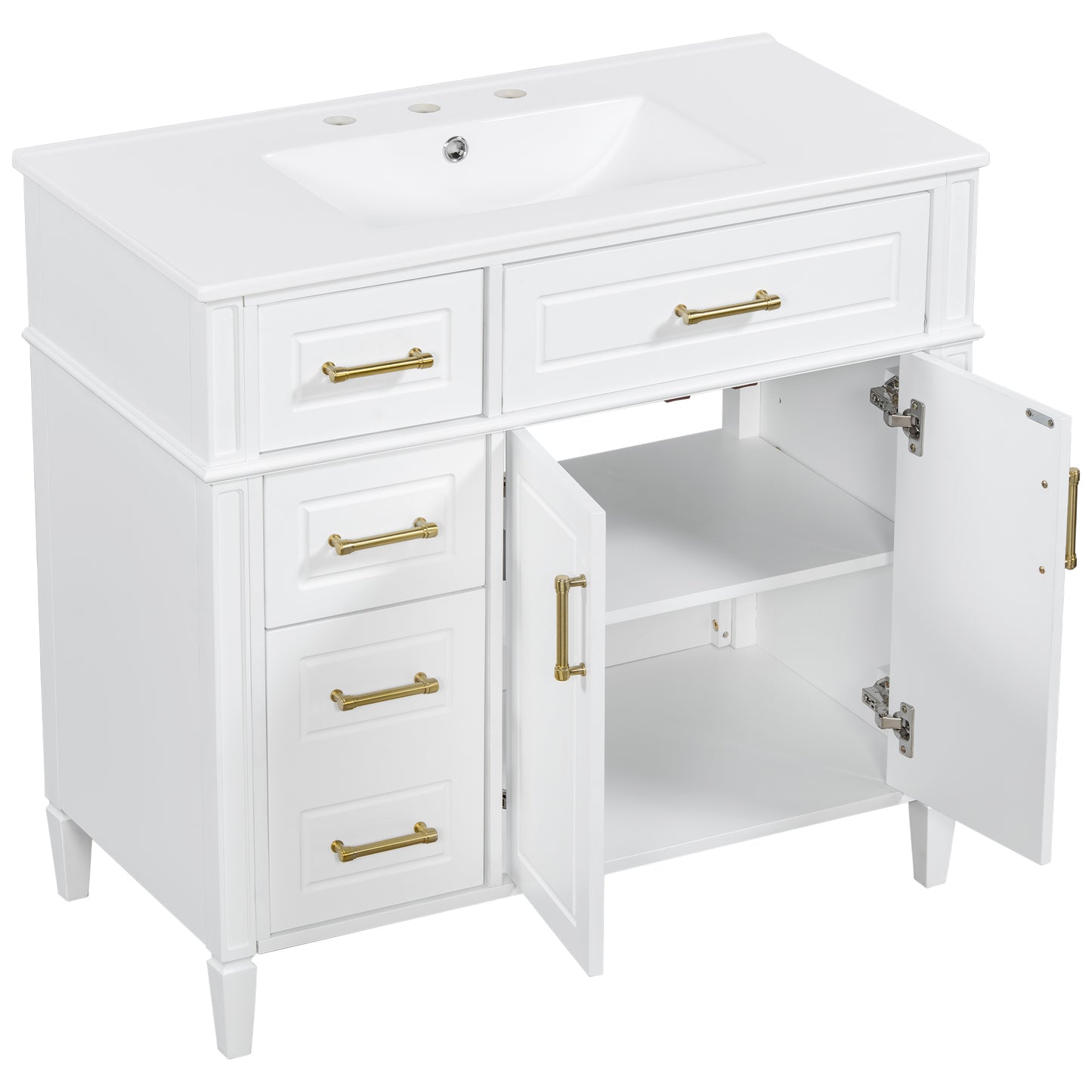 VanityFus 36-in Bathroom Vanity White Single Sink Combo with Ceramic Top 2 Doors 4 Drawers Adjustable Shelves