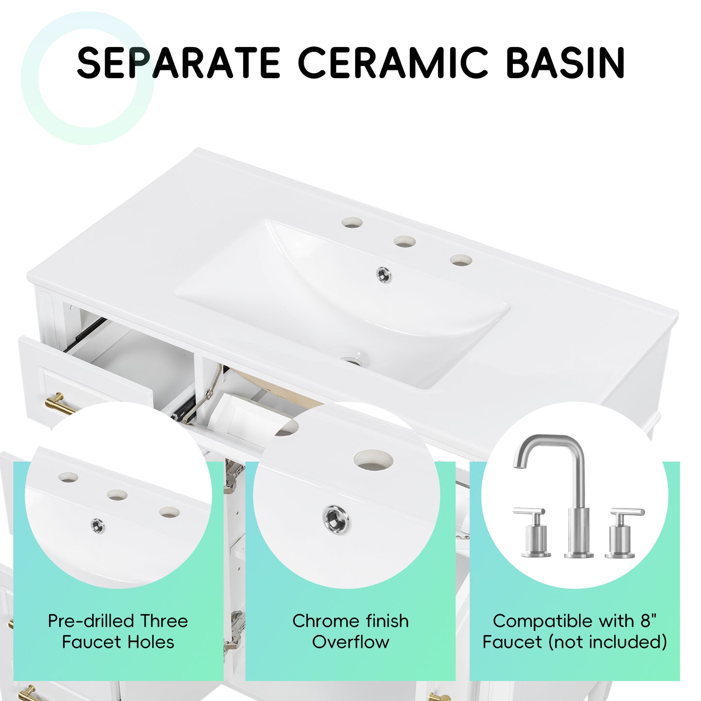VanityFus 36-in Bathroom Vanity White Single Sink Combo with Ceramic Top 2 Doors 4 Drawers Adjustable Shelves