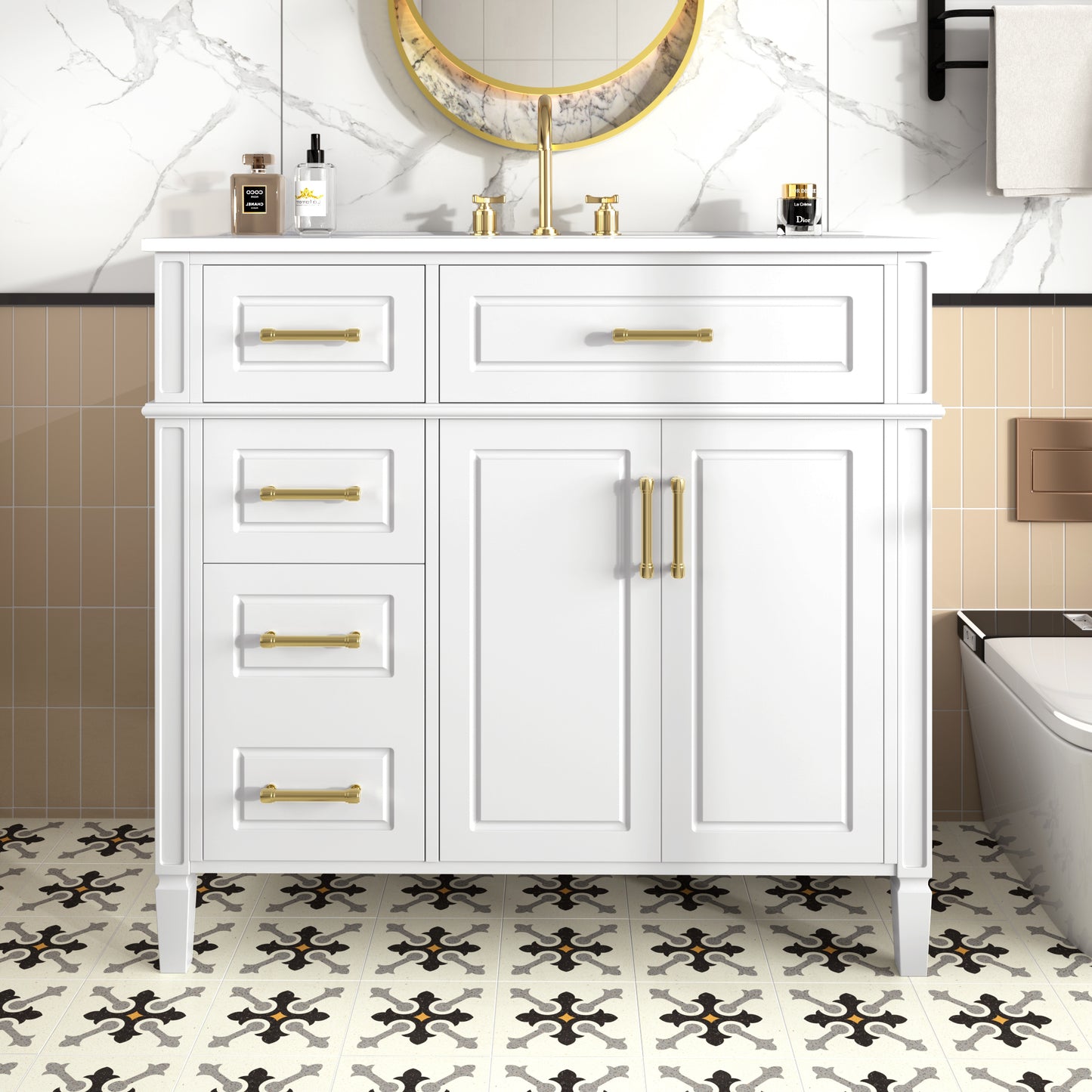 VanityFus 36-in Bathroom Vanity White Single Sink Combo with Ceramic Top 2 Doors 4 Drawers Adjustable Shelves