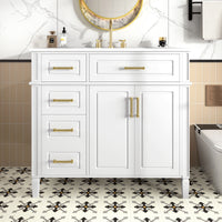 VanityFus 36-in Bathroom Vanity White Single Sink Combo with Ceramic Top 2 Doors 4 Drawers Adjustable Shelves
