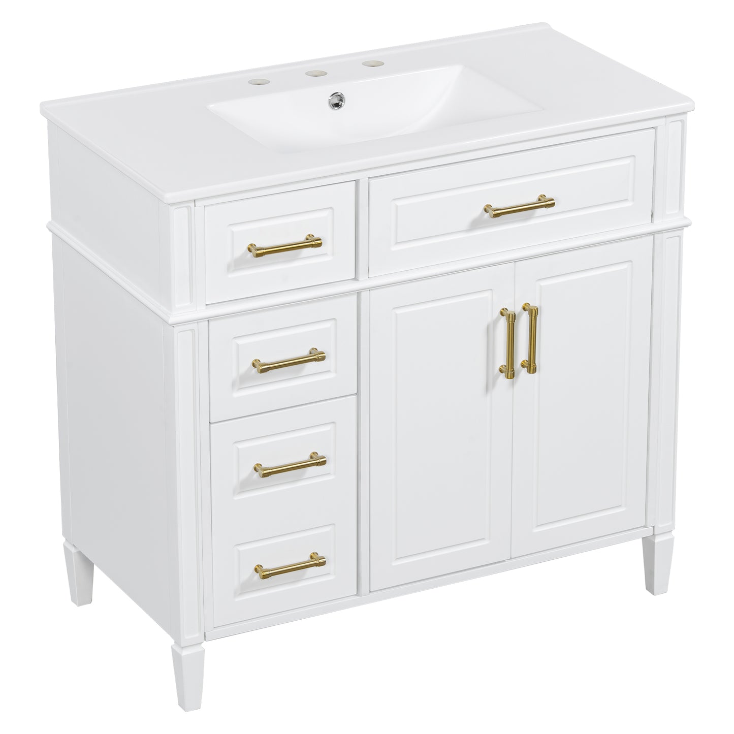 VanityFus 36-in Bathroom Vanity White Single Sink Combo with Ceramic Top 2 Doors 4 Drawers Adjustable Shelves