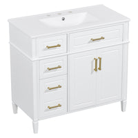 VanityFus 36-in Bathroom Vanity White Single Sink Combo with Ceramic Top 2 Doors 4 Drawers Adjustable Shelves