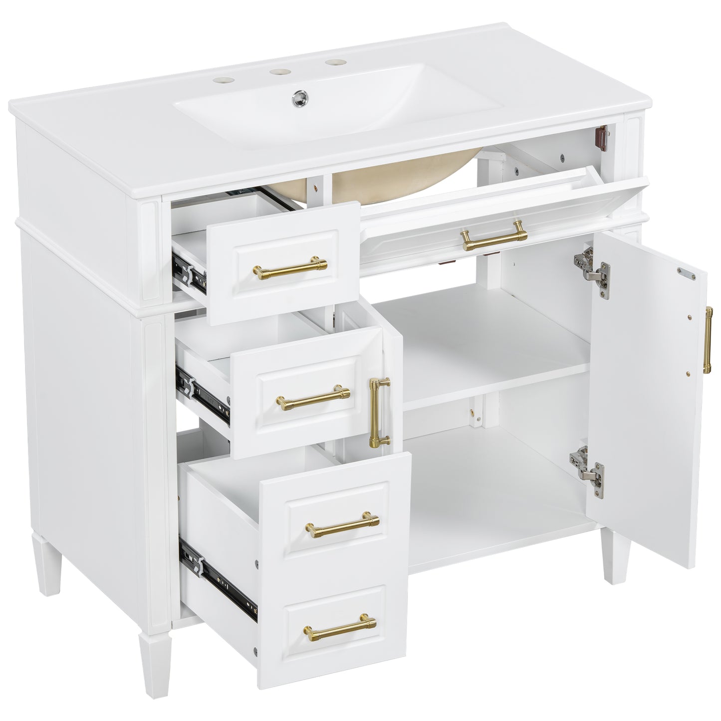 VanityFus 36-in Bathroom Vanity White Single Sink Combo with Ceramic Top 2 Doors 4 Drawers Adjustable Shelves