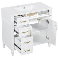 VanityFus 36-in Bathroom Vanity White Single Sink Combo with Ceramic Top 2 Doors 4 Drawers Adjustable Shelves