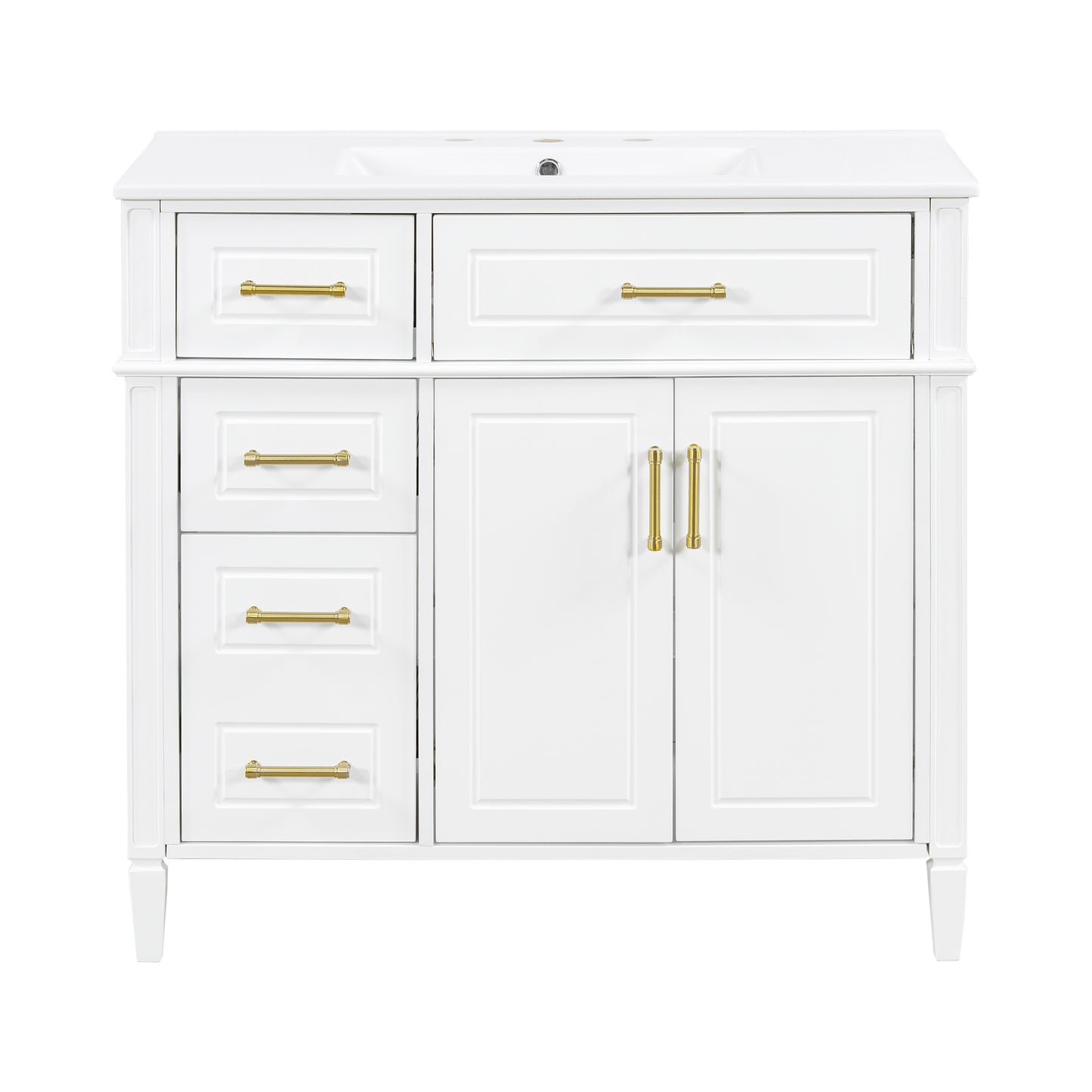 VanityFus 36-in Bathroom Vanity White Single Sink Combo with Ceramic Top 2 Doors 4 Drawers Adjustable Shelves
