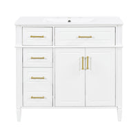VanityFus 36-in Bathroom Vanity White Single Sink Combo with Ceramic Top 2 Doors 4 Drawers Adjustable Shelves