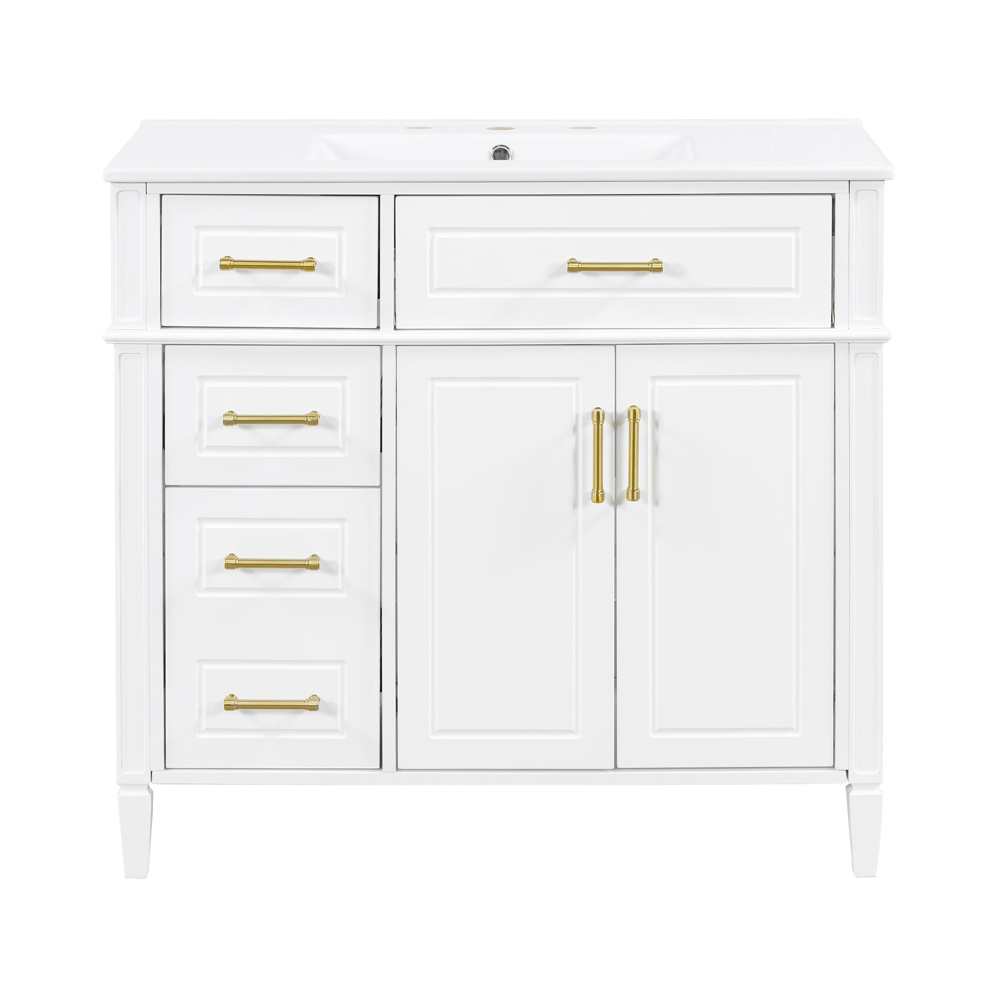 VanityFus 36-in Bathroom Vanity White Single Sink Combo with Ceramic Top 2 Doors 4 Drawers Adjustable Shelves