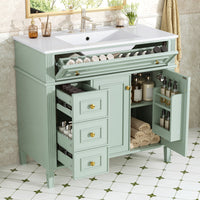 VanityFus 36-in Bathroom Vanity Green Single Sink Combo with Ceramic Top 2 Doors 4 Drawers Adjustable Shelves