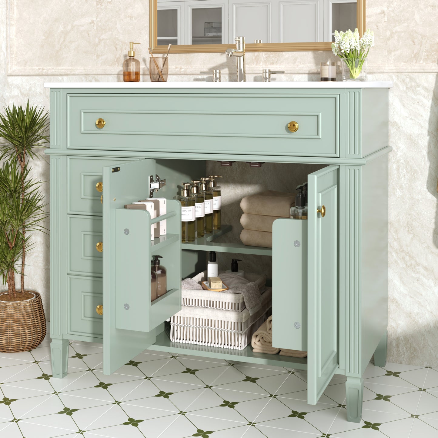 VanityFus 36-in Bathroom Vanity Green Single Sink Combo with Ceramic Top 2 Doors 4 Drawers Adjustable Shelves
