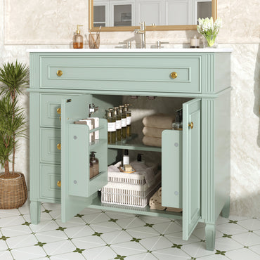 VanityFus 36-in Bathroom Vanity Green Single Sink Combo with Ceramic Top 2 Doors 4 Drawers Adjustable Shelves