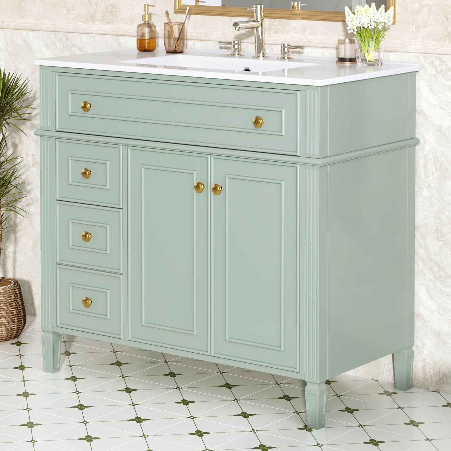 VanityFus 36-in Bathroom Vanity Green Single Sink Combo with Ceramic Top 2 Doors 4 Drawers Adjustable Shelves