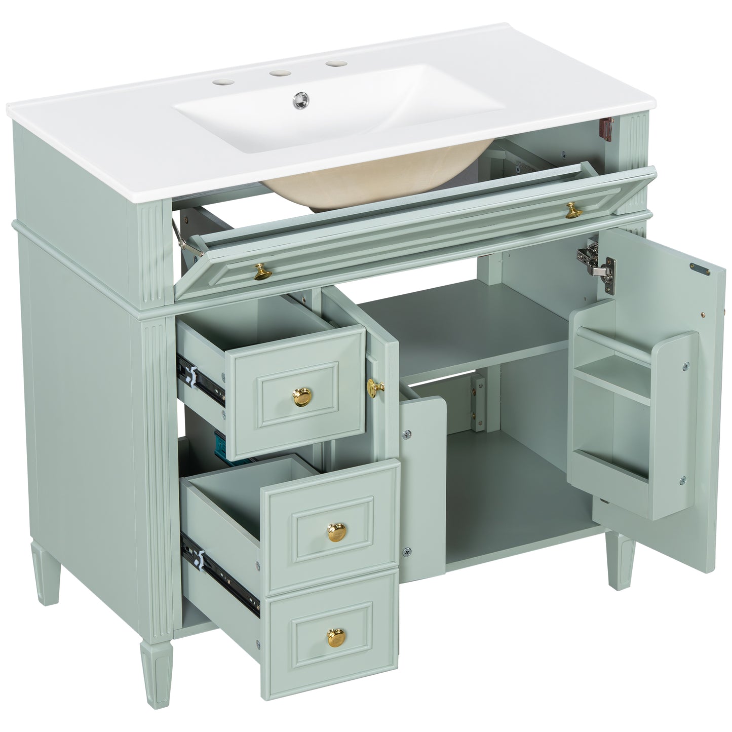 VanityFus 36-in Bathroom Vanity Green Single Sink Combo with Ceramic Top 2 Doors 4 Drawers Adjustable Shelves