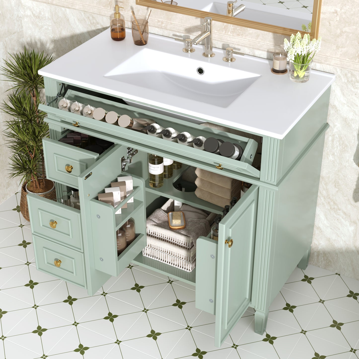 VanityFus 36-in Bathroom Vanity Green Single Sink Combo with Ceramic Top 2 Doors 4 Drawers Adjustable Shelves