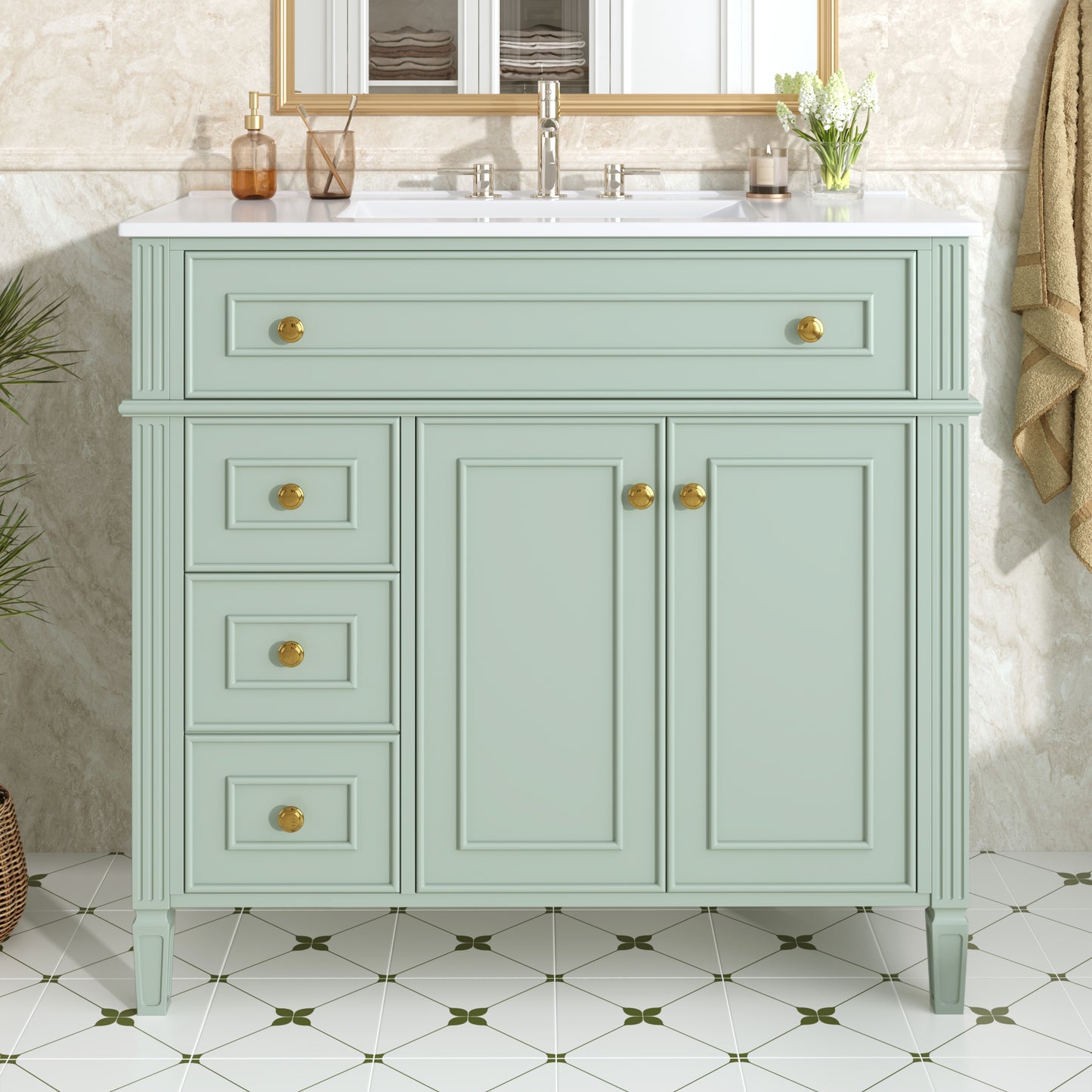 VanityFus 36-in Bathroom Vanity Green Single Sink Combo with Ceramic Top 2 Doors 4 Drawers Adjustable Shelves