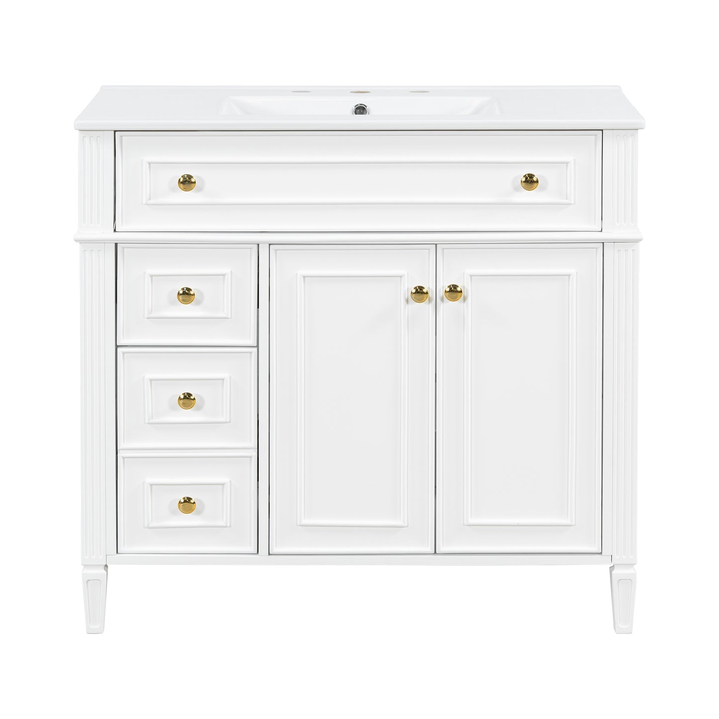 VanityFus 36-in White Bathroom Vanity Single Sink Combo Ceramic Top 2 Soft Close Doors 3 drawers Undermount Adjustable Shelves