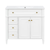 VanityFus 36-in White Bathroom Vanity Single Sink Combo Ceramic Top 2 Soft Close Doors 3 drawers Undermount Adjustable Shelves