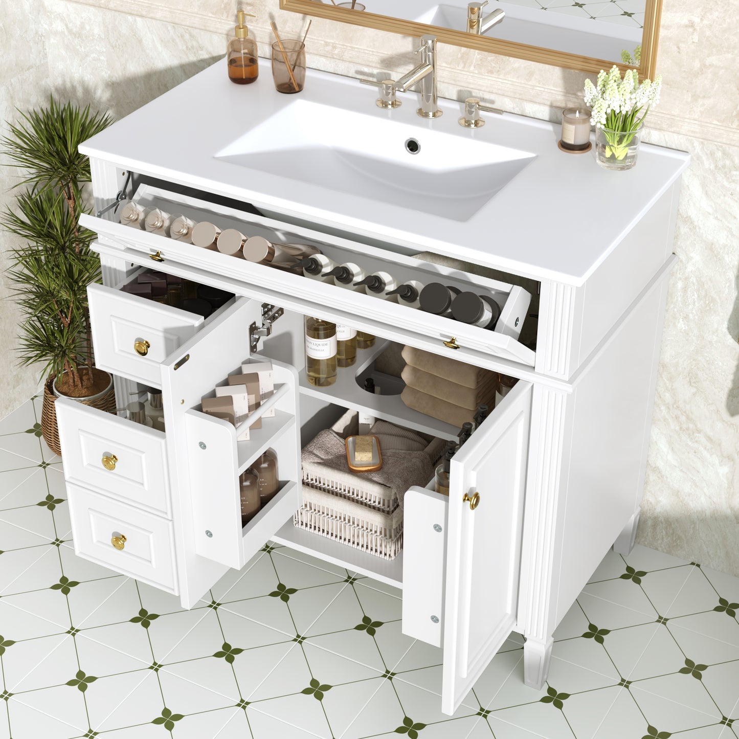 VanityFus 36-in White Bathroom Vanity Single Sink Combo Ceramic Top 2 Soft Close Doors 3 drawers Undermount Adjustable Shelves