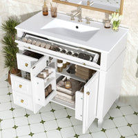 VanityFus 36-in White Bathroom Vanity Single Sink Combo Ceramic Top 2 Soft Close Doors 3 drawers Undermount Adjustable Shelves