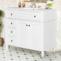 VanityFus 36-in White Bathroom Vanity Single Sink Combo Ceramic Top 2 Soft Close Doors 3 drawers Undermount Adjustable Shelves