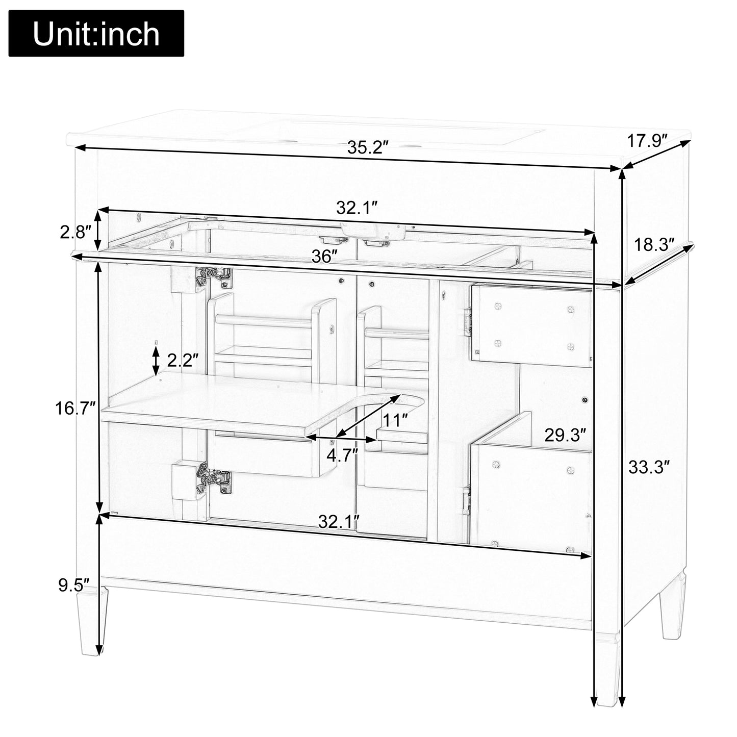 VanityFus 36-in White Bathroom Vanity Single Sink Combo Ceramic Top 2 Soft Close Doors 3 drawers Undermount Adjustable Shelves
