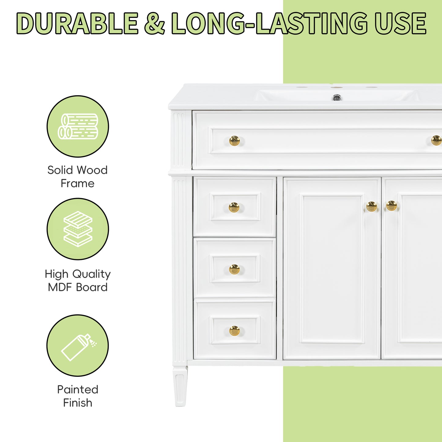 VanityFus 36-in White Bathroom Vanity Single Sink Combo Ceramic Top 2 Soft Close Doors 3 drawers Undermount Adjustable Shelves