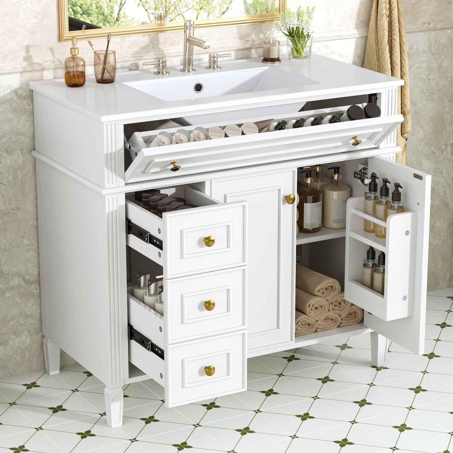 VanityFus 36-in White Bathroom Vanity Single Sink Combo Ceramic Top 2 Soft Close Doors 3 drawers Undermount Adjustable Shelves