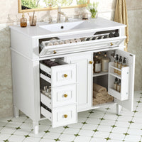 VanityFus 36-in White Bathroom Vanity Single Sink Combo Ceramic Top 2 Soft Close Doors 3 drawers Undermount Adjustable Shelves