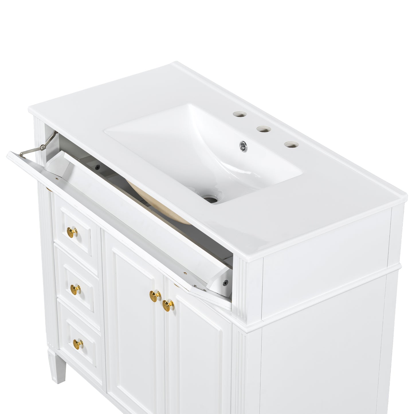 VanityFus 36-in White Bathroom Vanity Single Sink Combo Ceramic Top 2 Soft Close Doors 3 drawers Undermount Adjustable Shelves