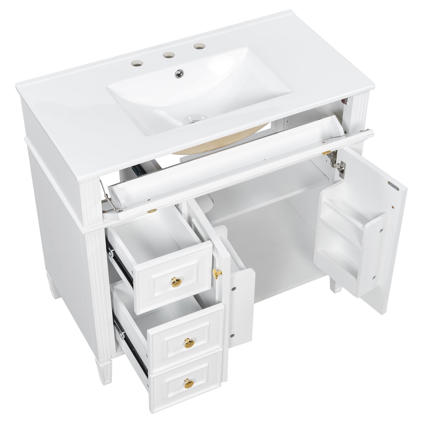 VanityFus 36-in White Bathroom Vanity Single Sink Combo Ceramic Top 2 Soft Close Doors 3 drawers Undermount Adjustable Shelves