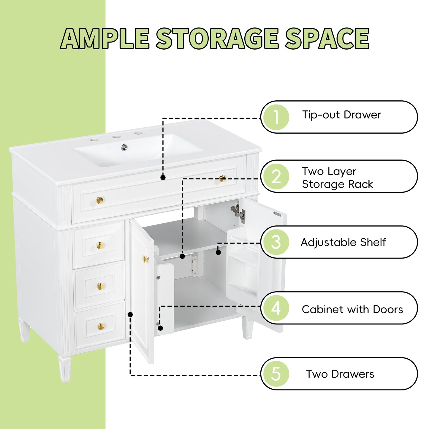 VanityFus 36-in White Bathroom Vanity Single Sink Combo Ceramic Top 2 Soft Close Doors 3 drawers Undermount Adjustable Shelves