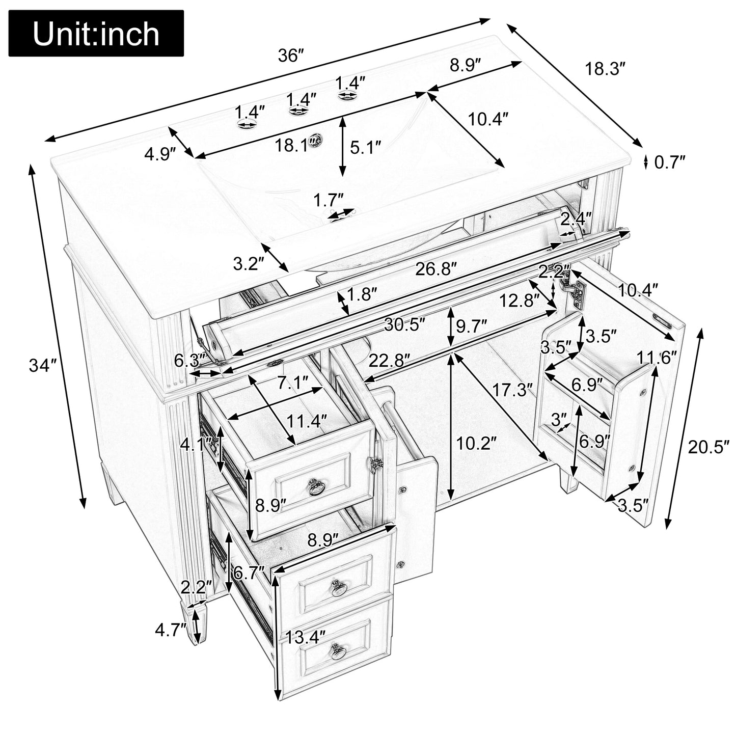 VanityFus 36-in White Bathroom Vanity Single Sink Combo Ceramic Top 2 Soft Close Doors 3 drawers Undermount Adjustable Shelves