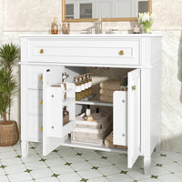 VanityFus 36-in White Bathroom Vanity Single Sink Combo Ceramic Top 2 Soft Close Doors 3 drawers Undermount Adjustable Shelves