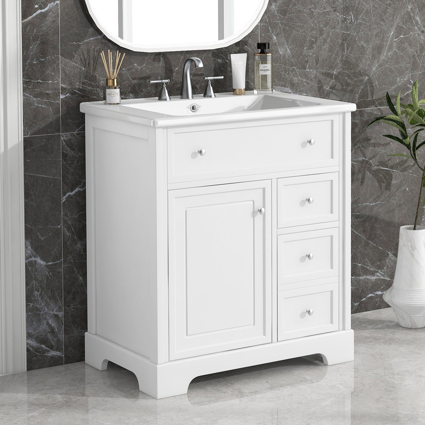 VanityFus 18.6-in White Bathroom Vanity Single Sink Combo with Ceramic Top Undermount 1 door 2 drawers Adjustable Shelves