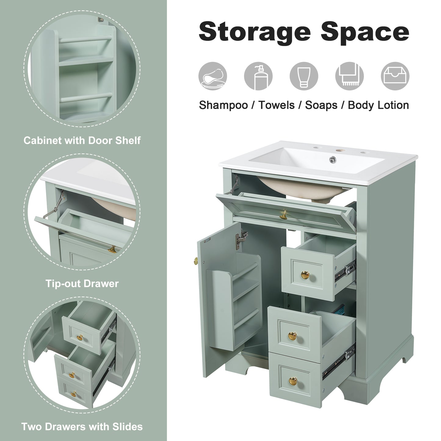 VanityFus 18.6-in Green Bathroom Vanity Single Sink Combo with Ceramic Top 1 Soft Close door 3 drawers Undermount