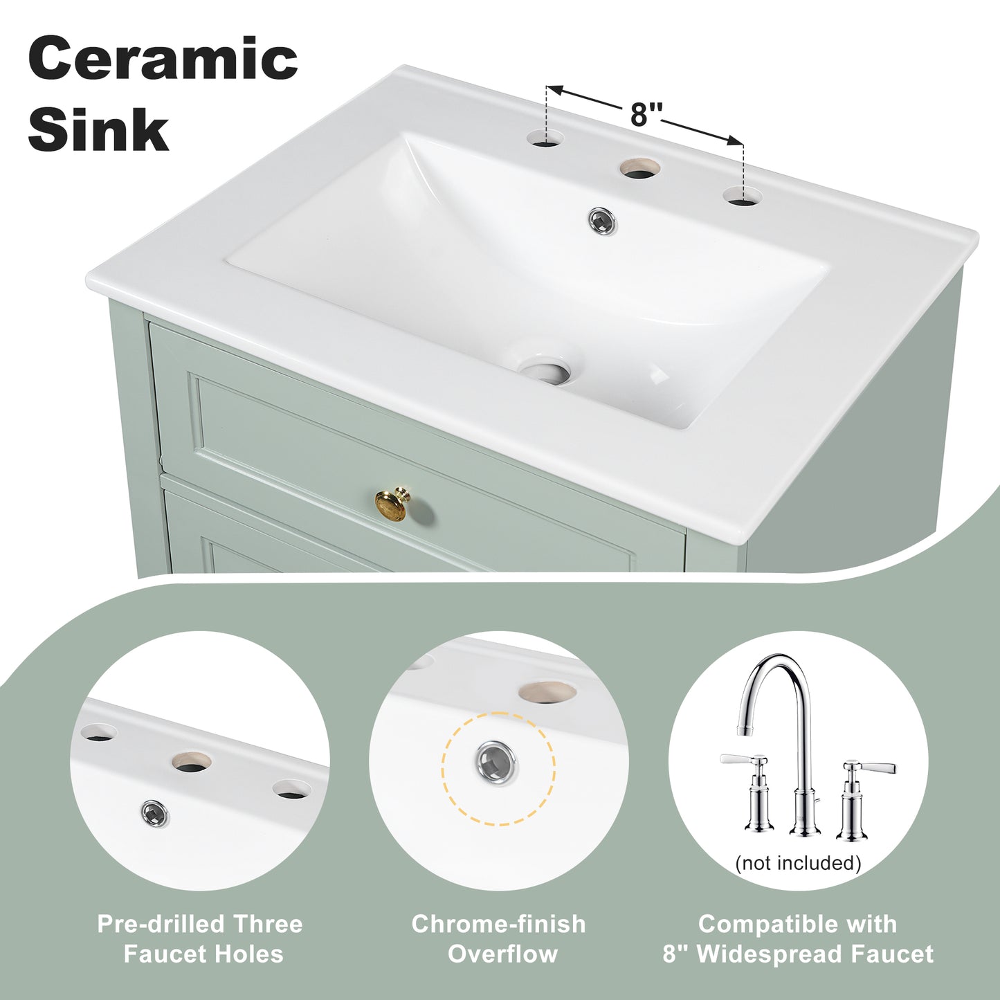 VanityFus 18.6-in Green Bathroom Vanity Single Sink Combo with Ceramic Top 1 Soft Close door 3 drawers Undermount