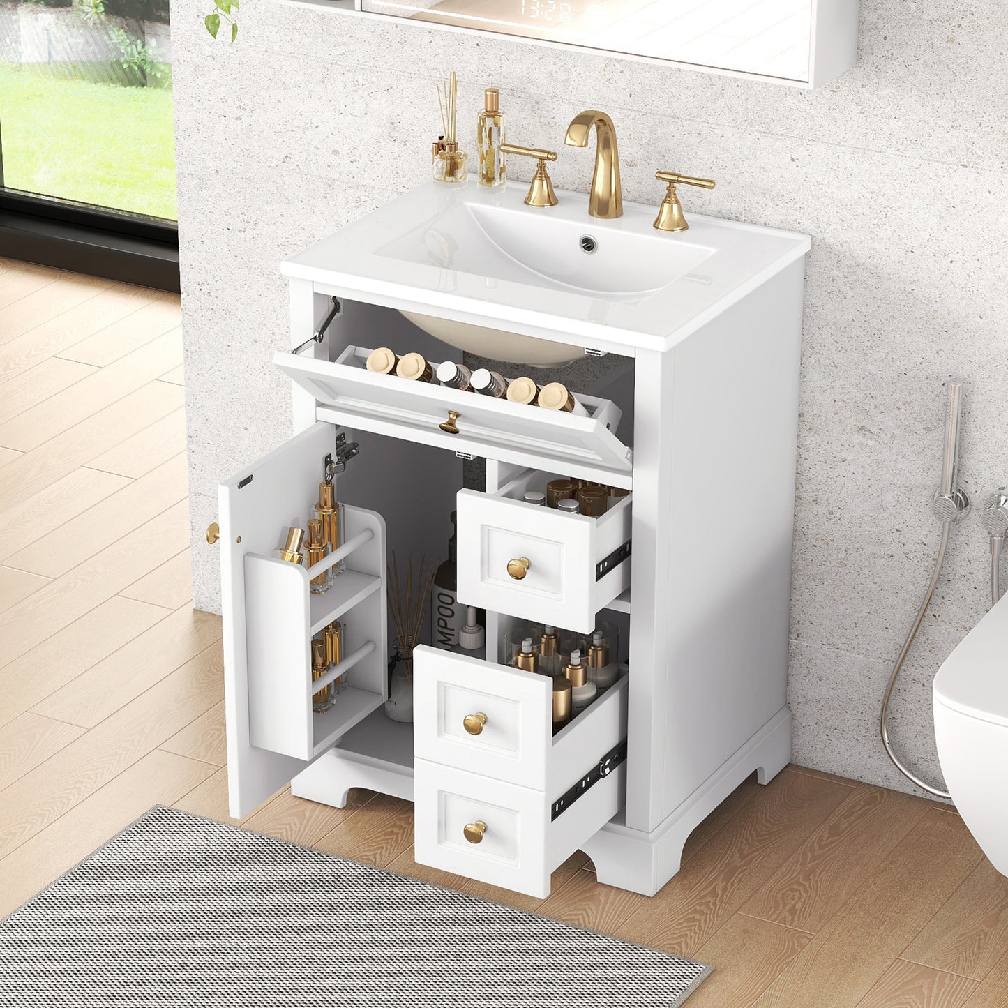 VanityFus 18.6-in White Bathroom Vanity Single Sink Combo with Ceramic Top 1 Soft Close door 3 drawers Undermount
