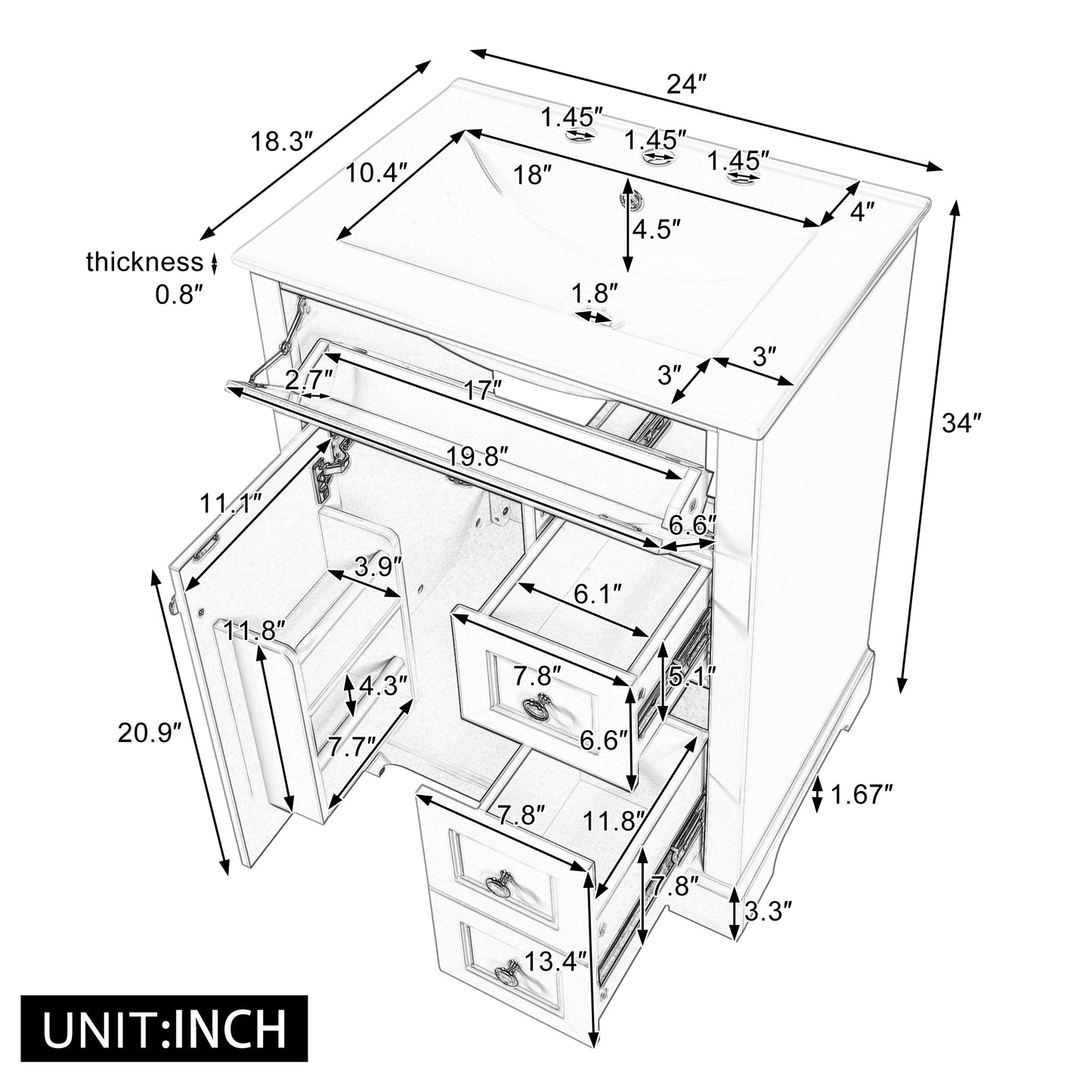 VanityFus 18.6-in White Bathroom Vanity Single Sink Combo with Ceramic Top 1 Soft Close door 3 drawers Undermount