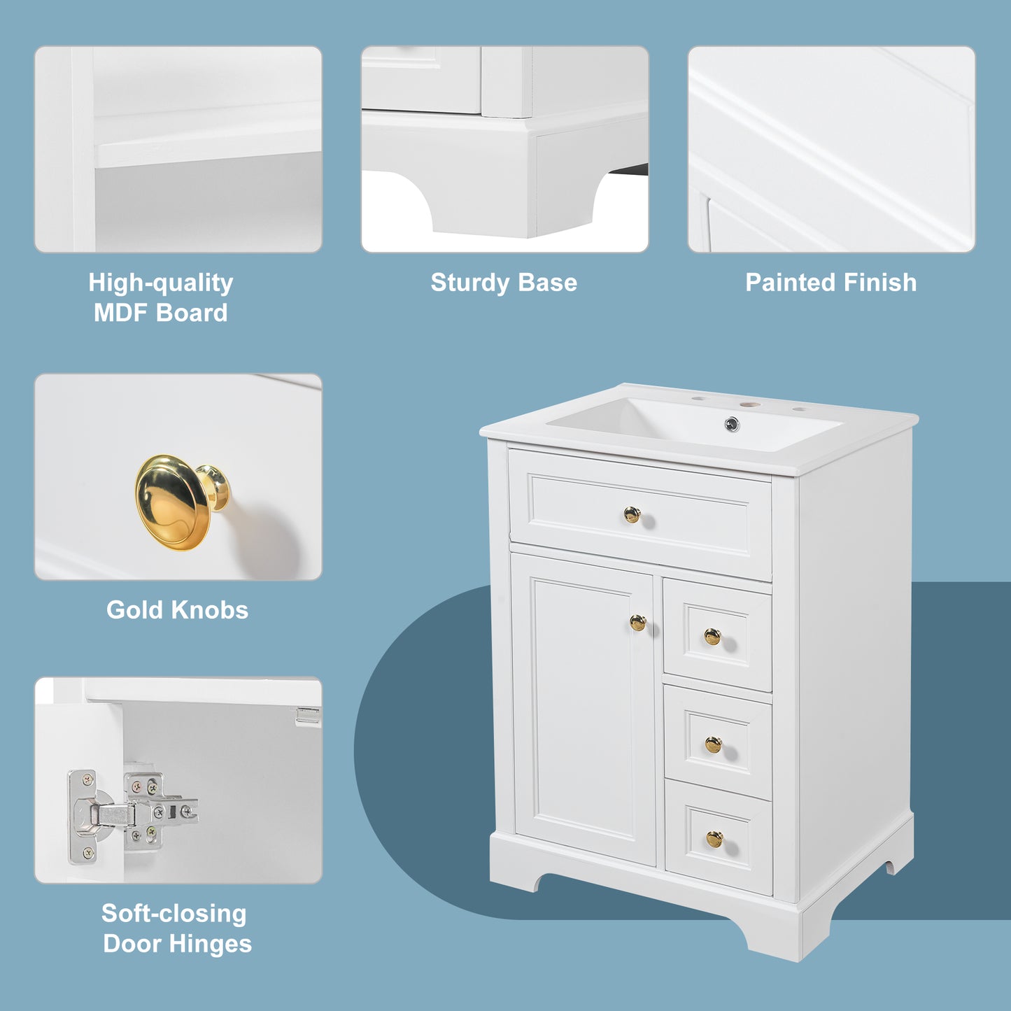 VanityFus 18.6-in White Bathroom Vanity Single Sink Combo with Ceramic Top 1 Soft Close door 3 drawers Undermount