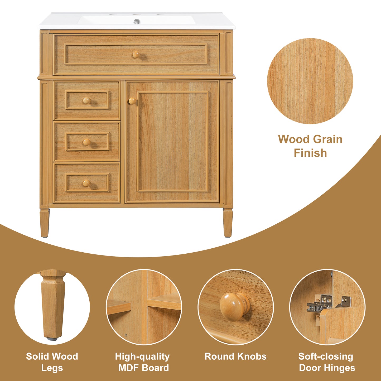 VanityFus 18.6-in Wood Bathroom Vanity Single Sink Combo with Ceramic Top 1 Soft Close door 3 drawers Undermount Adjustable Shelves