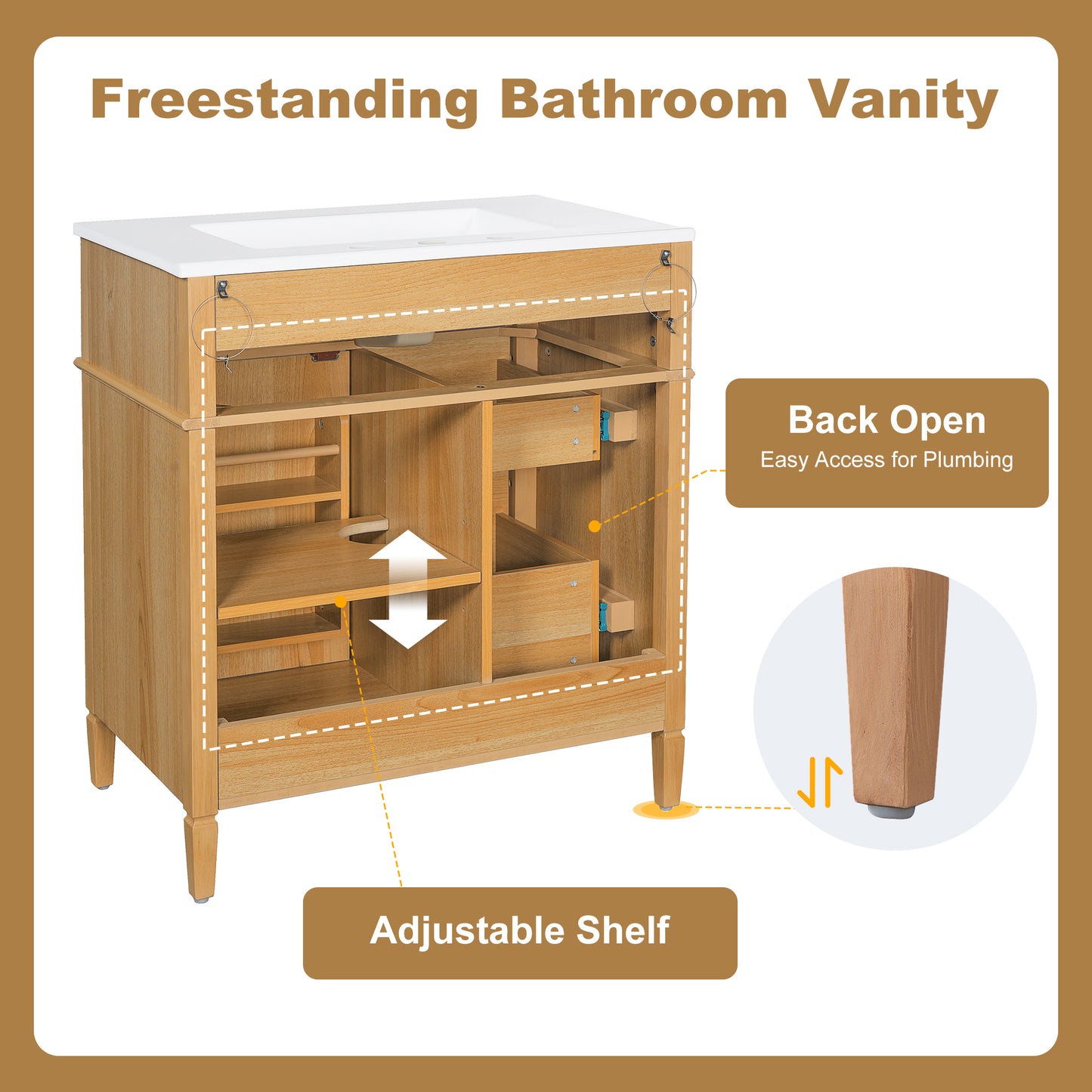 VanityFus 18.6-in Wood Bathroom Vanity Single Sink Combo with Ceramic Top 1 Soft Close door 3 drawers Undermount Adjustable Shelves