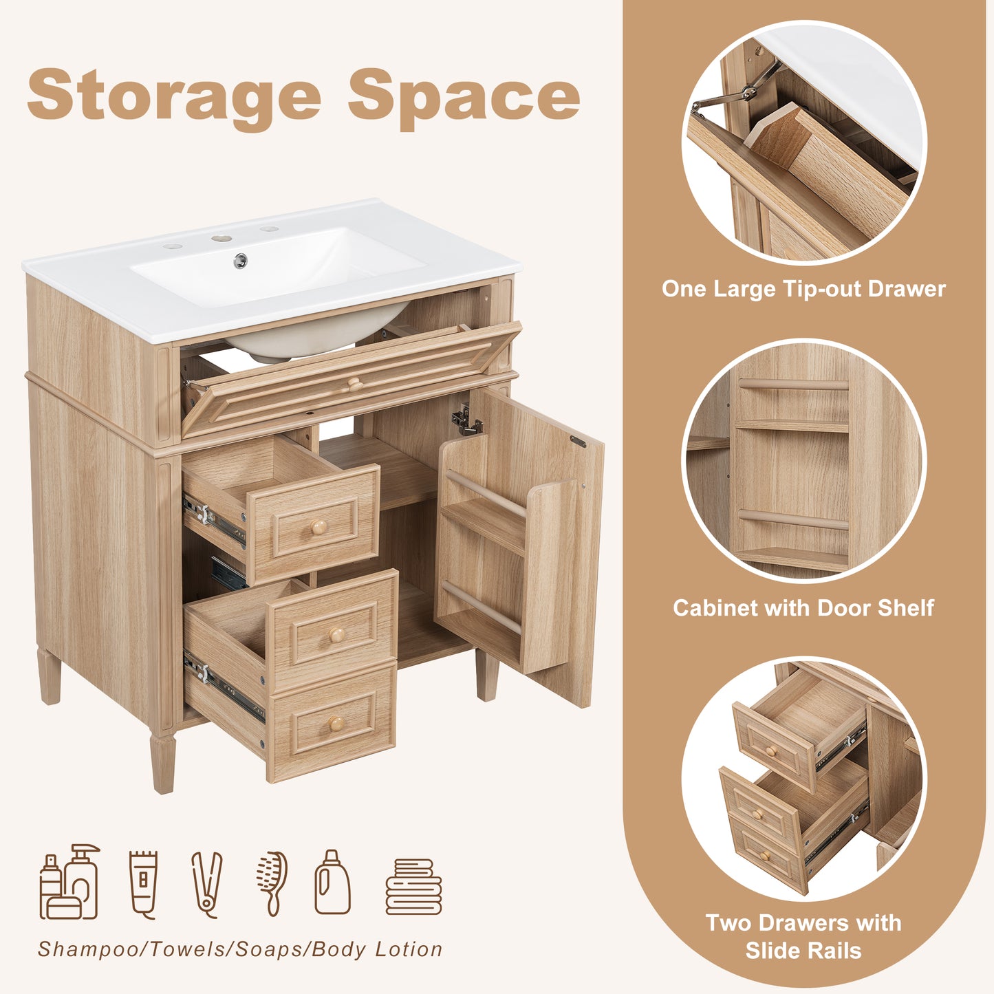 VanityFus 18.6-in Light Wood Bathroom Vanity Single Sink Combo with Ceramic Top 1 Soft Close door 3 drawers Undermount Adjustable Shelves