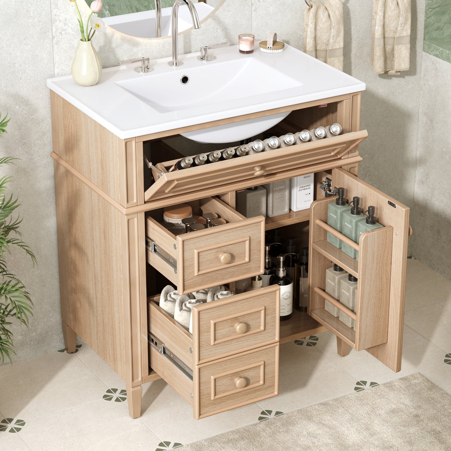 VanityFus 18.6-in Light Wood Bathroom Vanity Single Sink Combo with Ceramic Top 1 Soft Close door 3 drawers Undermount Adjustable Shelves