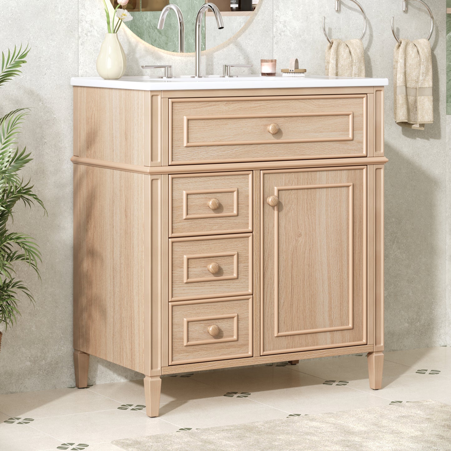 VanityFus 18.6-in Light Wood Bathroom Vanity Single Sink Combo with Ceramic Top 1 Soft Close door 3 drawers Undermount Adjustable Shelves