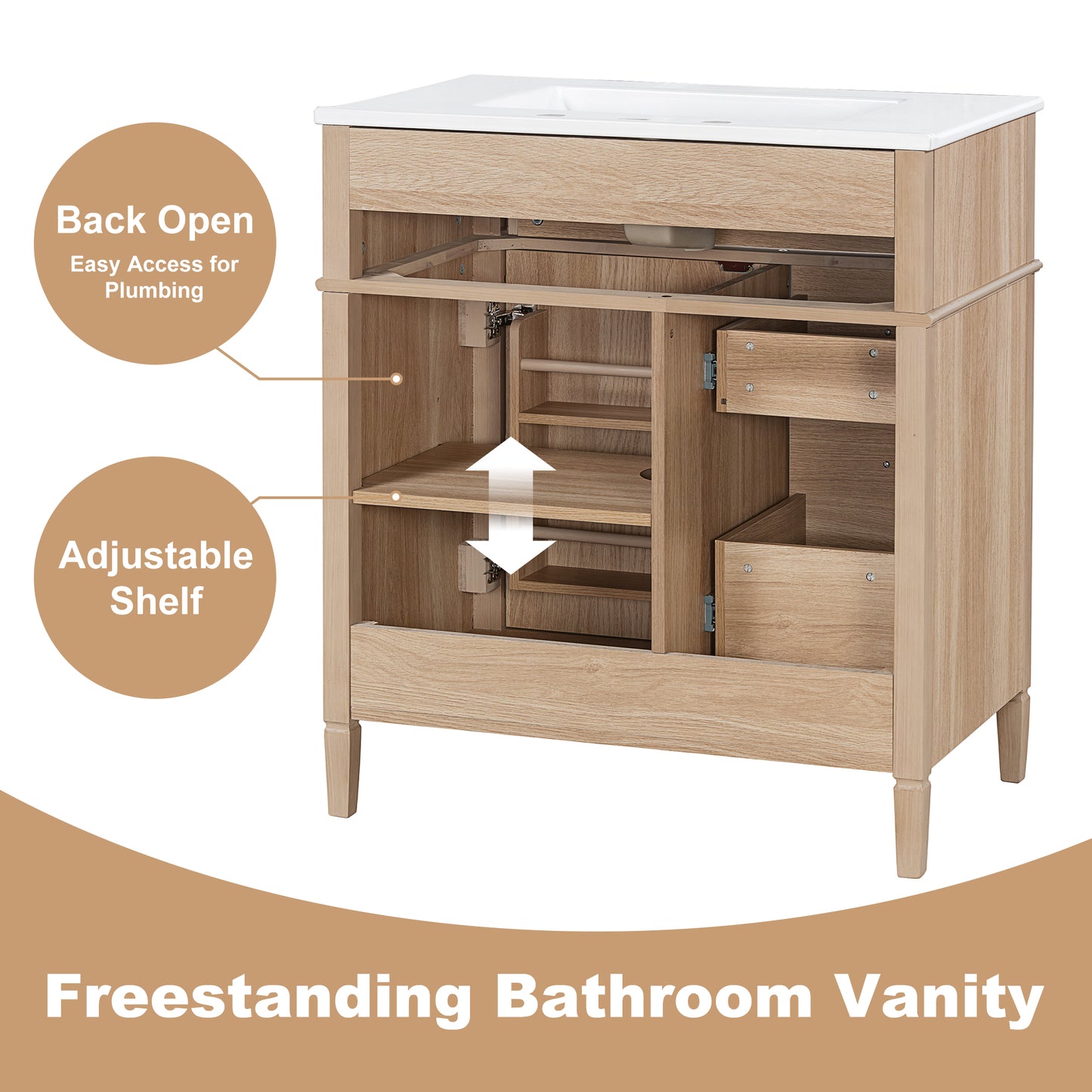VanityFus 18.6-in Light Wood Bathroom Vanity Single Sink Combo with Ceramic Top 1 Soft Close door 3 drawers Undermount Adjustable Shelves