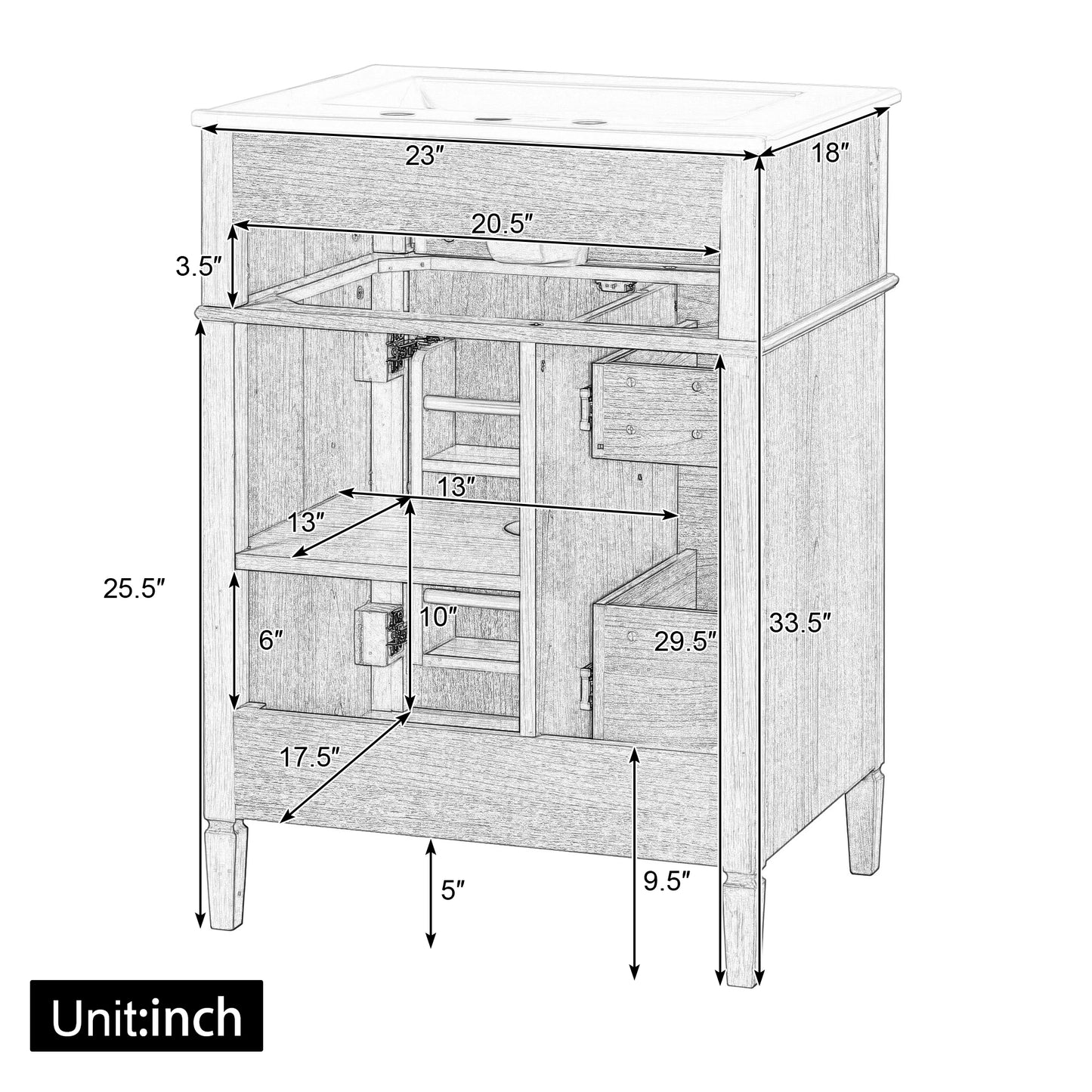 VanityFus 18.6-in Wood Bathroom Vanity Single Sink Combo with Ceramic Top 1 Soft Close door 3 drawers Undermount