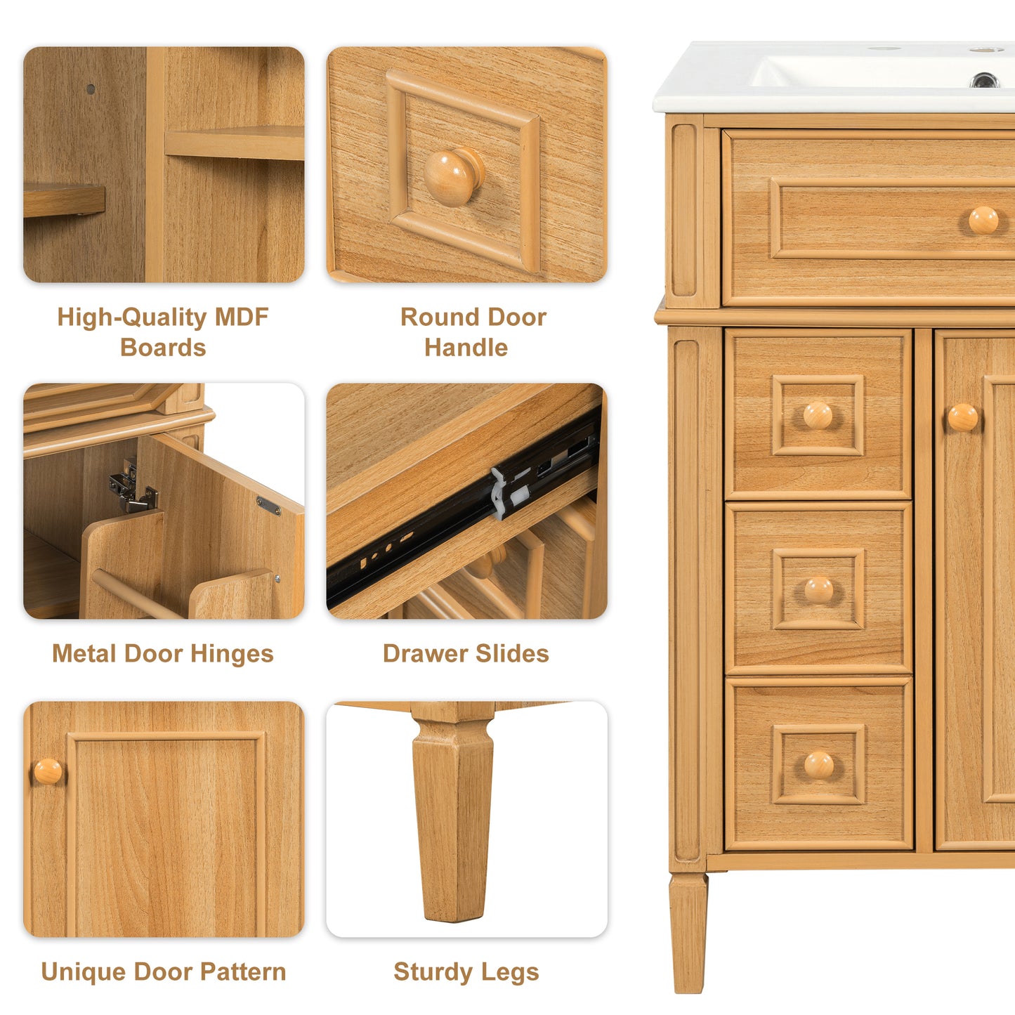 VanityFus 18.6-in Wood Bathroom Vanity Single Sink Combo with Ceramic Top 1 Soft Close door 3 drawers Undermount