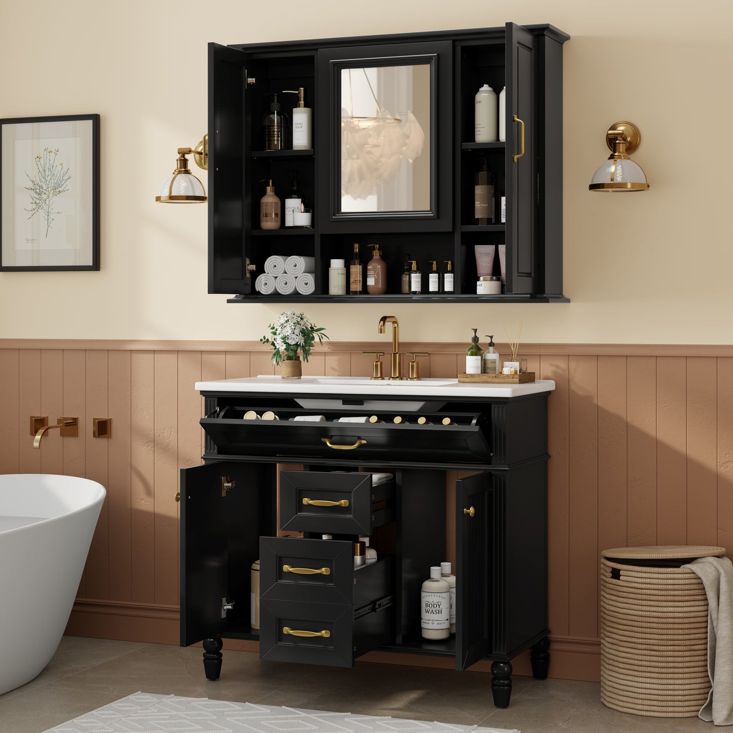 VanityFus 36-in Bathroom Vanity Black Single Sink Medicine Cabinet Miror Combo with Ceramic Top 5 Soft Close Doors 3 Drawers