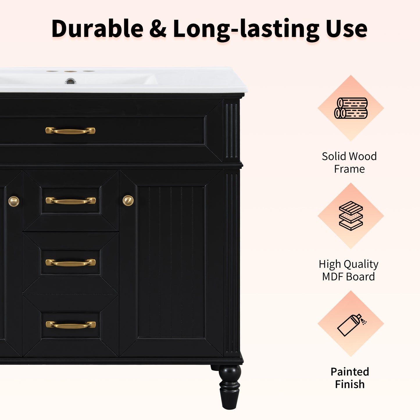 VanityFus 36-in Bathroom Vanity Black Single Sink Medicine Cabinet Miror Combo with Ceramic Top 5 Soft Close Doors 3 Drawers