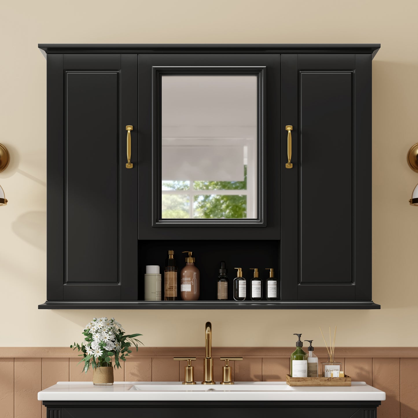 VanityFus 36-in Bathroom Vanity Black Single Sink Medicine Cabinet Miror Combo with Ceramic Top 5 Soft Close Doors 3 Drawers